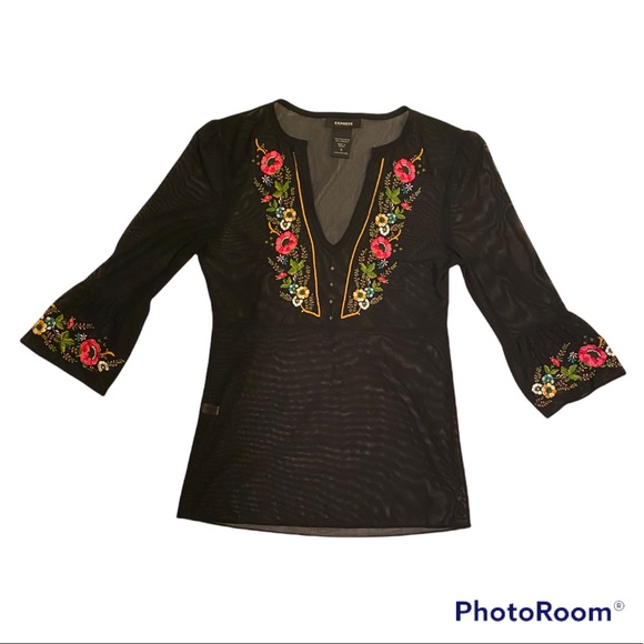 EXPRESS BLACK MESH EMBROIDERED TUNIC TOP SHIRT ⭐️⭐️⭐️⭐️⭐️ - Picture 14 of 14